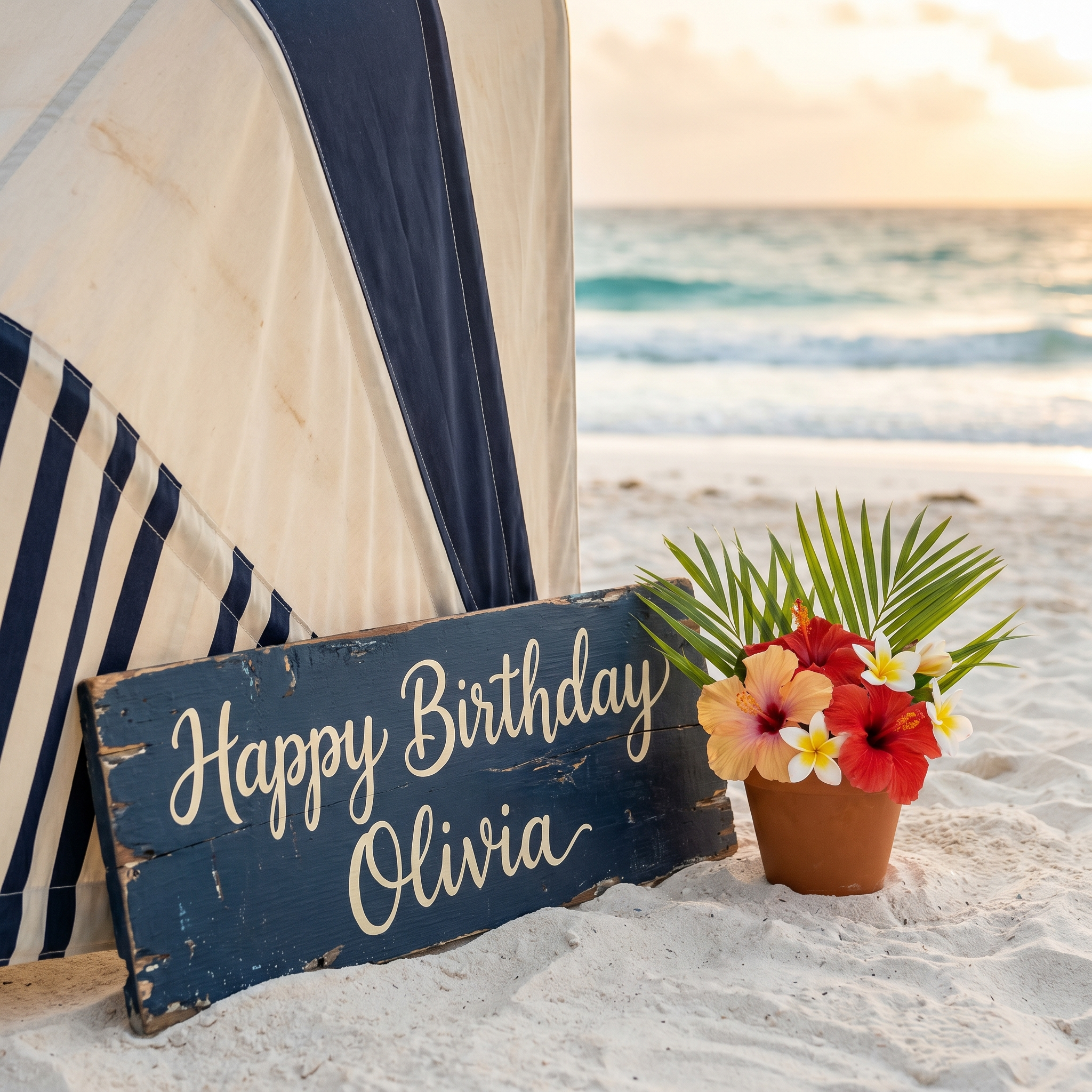 Hand-lettered welcome signage on the beach