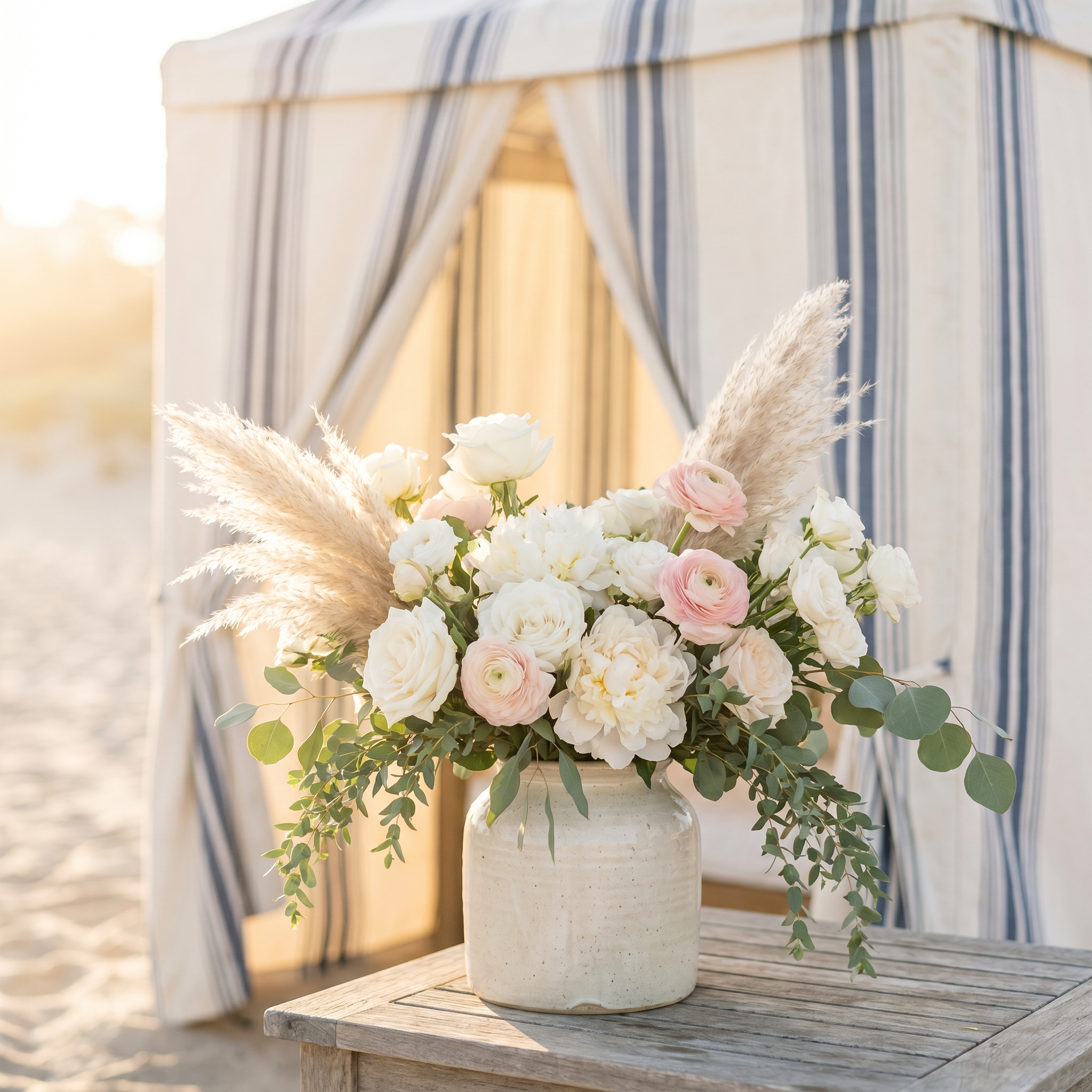 Fresh-cut florals on a beach setup