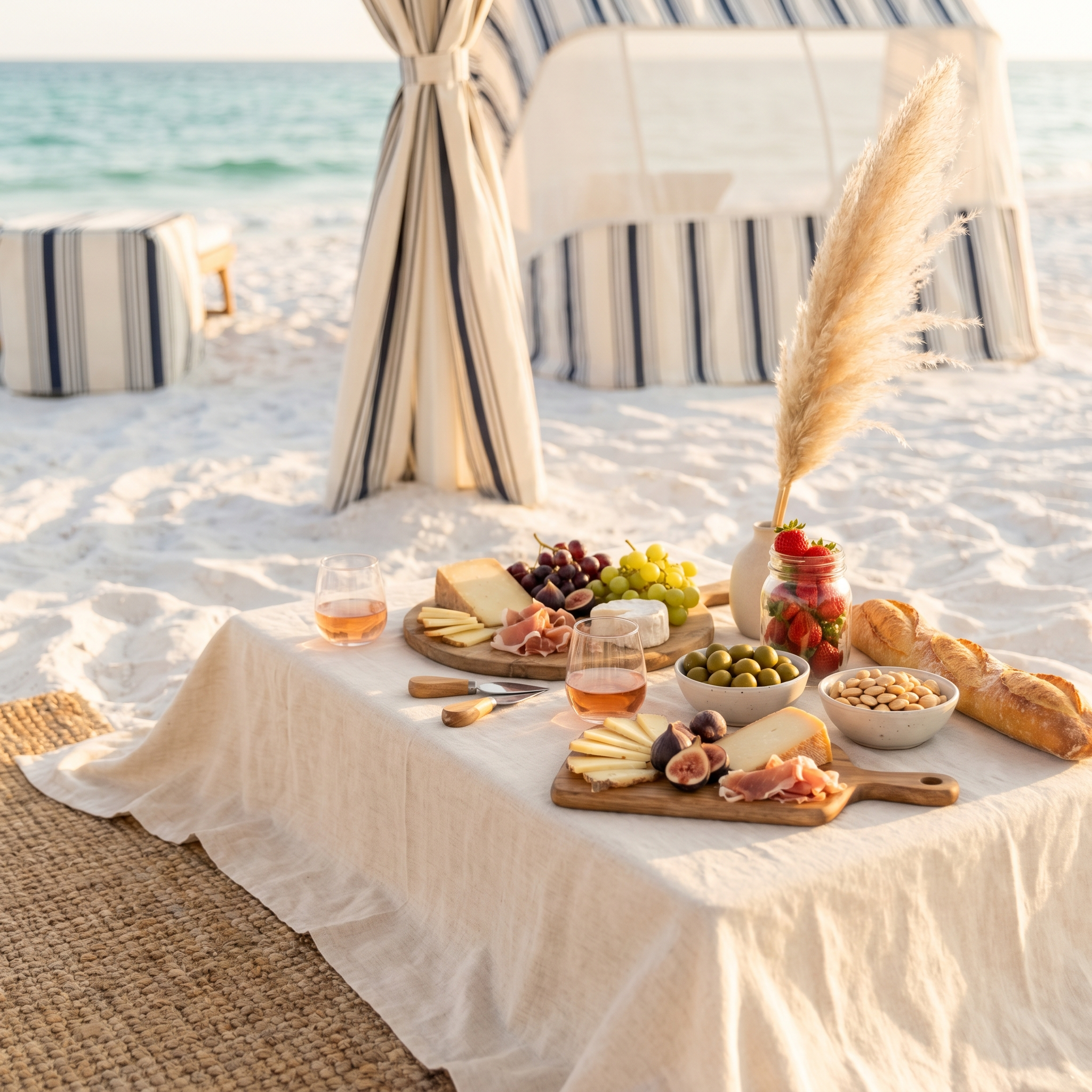 Curated picnic spread with linens and stoneware